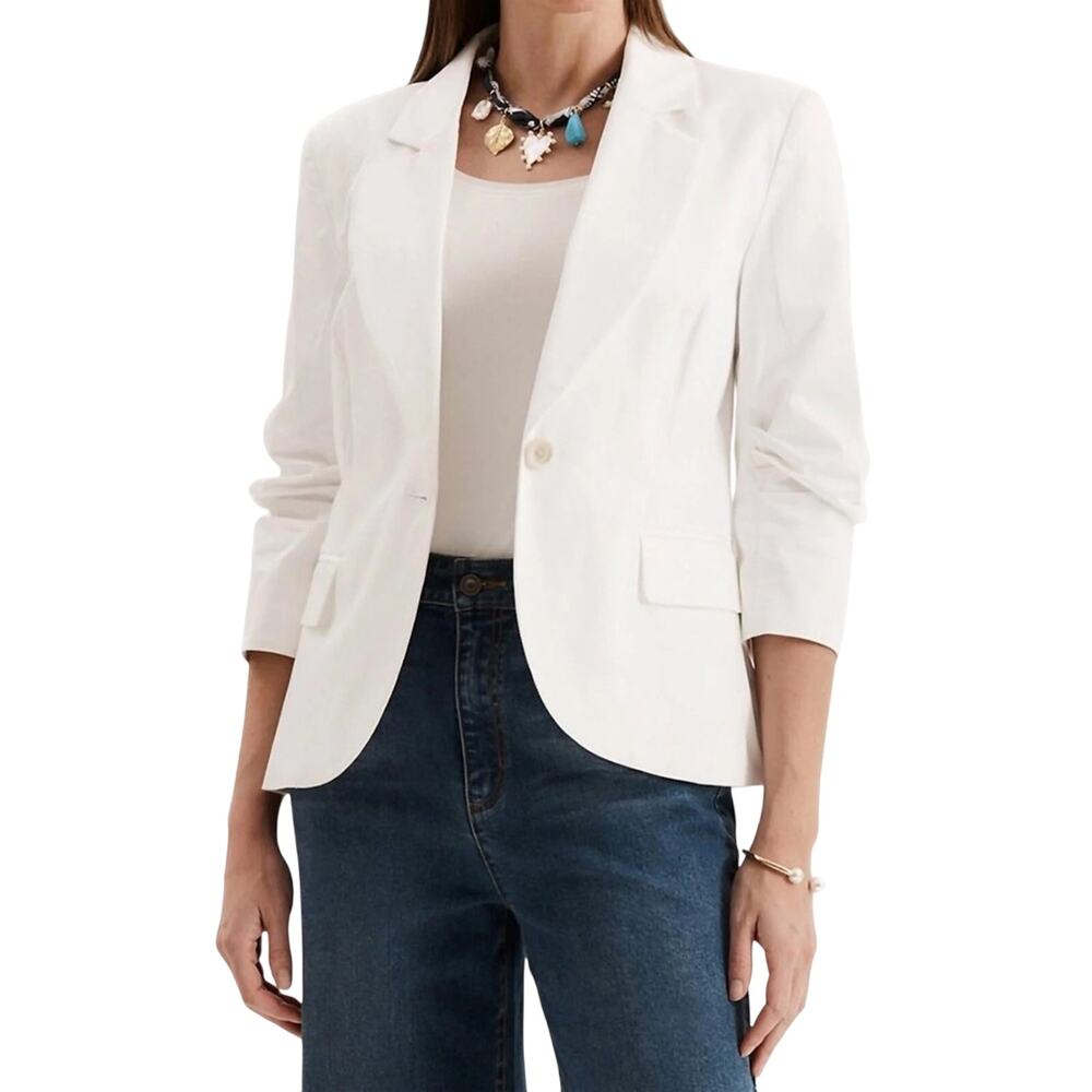 tyler boe Taylor Notch Lapel 3/4 Shirred Sleeve Single Breasted white Blazer 2
